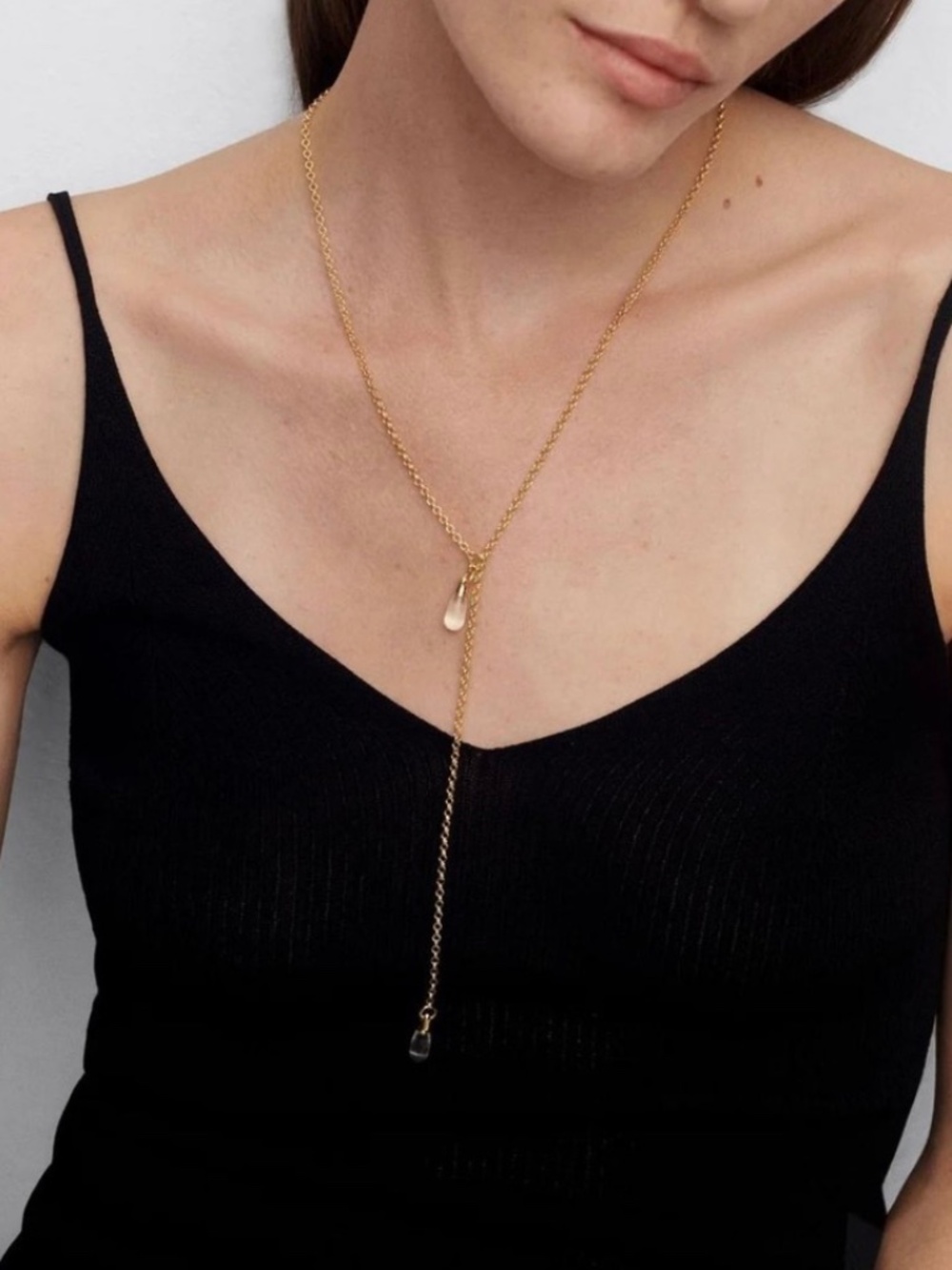 PDPAOLA Y chain necklace with two transparent rock crystal quartz drop pendants